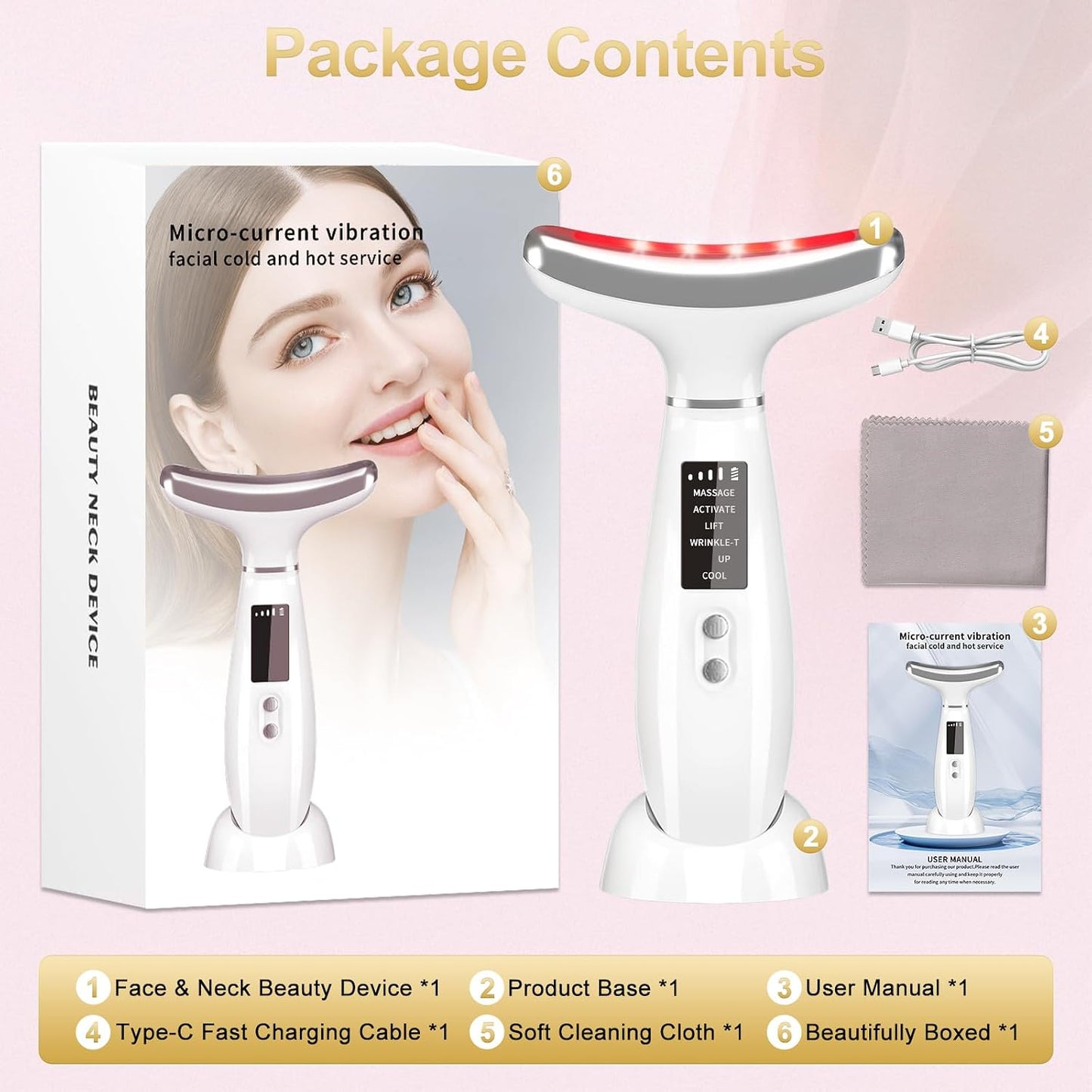 Neck Face Massager, 4 Color LED Facial Massager with Micro-Current Vibration Facial Cold and Hot Service for Wrinkles, Double Chin, Multifunctional Facial Light Therapy Device for Skin Care at Home