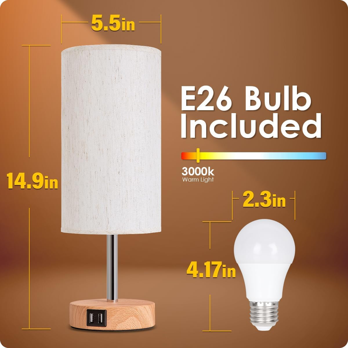Bedside Table Lamp with USB Ports - Touch Control for Bedroom 3 Way Dimmable Nightstand Lamp with round Fabric Shade for Living Room, Dorm, Home Office, Corded Electric, without Battery