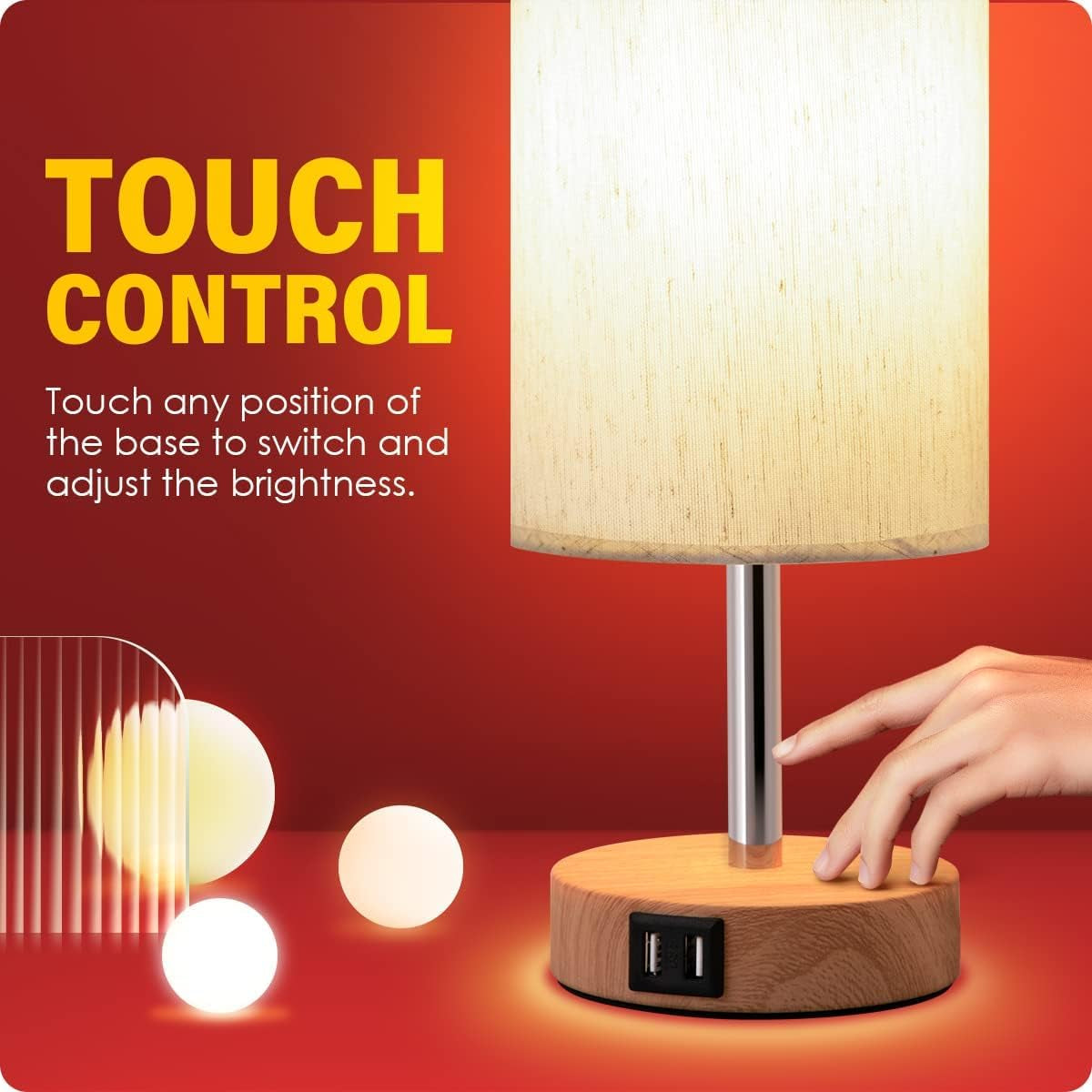 Bedside Table Lamp with USB Ports - Touch Control for Bedroom 3 Way Dimmable Nightstand Lamp with round Fabric Shade for Living Room, Dorm, Home Office, Corded Electric, without Battery