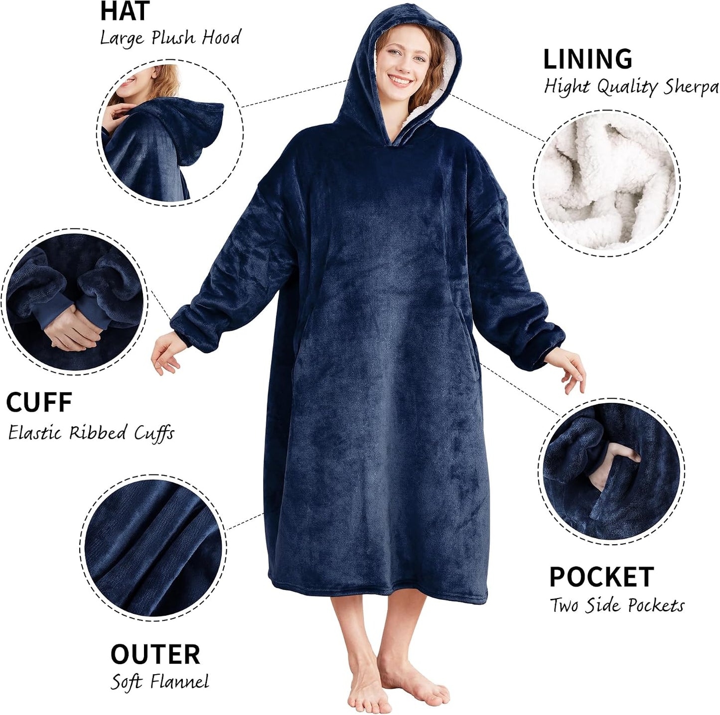 Wearable Blanket Hoodie for Adults & Teens,Oversized Sherpa Hooded Blanket,Warm Cozy Blanket Sweatshirt as Christmas Birthday Gifts for Women Men