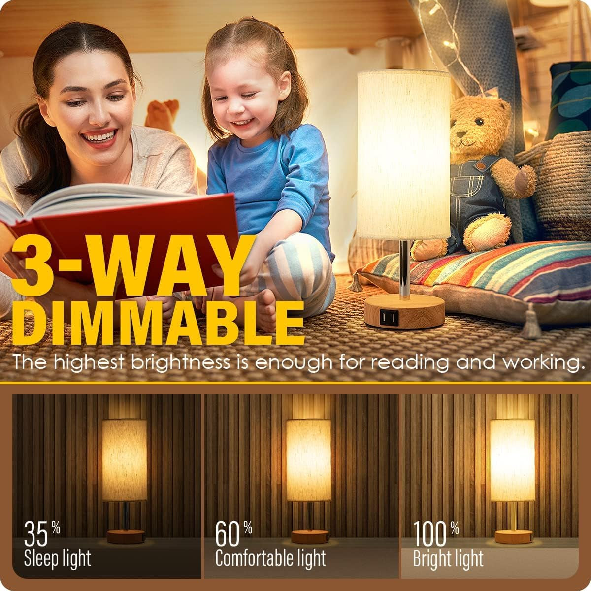Bedside Table Lamp with USB Ports - Touch Control for Bedroom 3 Way Dimmable Nightstand Lamp with round Fabric Shade for Living Room, Dorm, Home Office, Corded Electric, without Battery