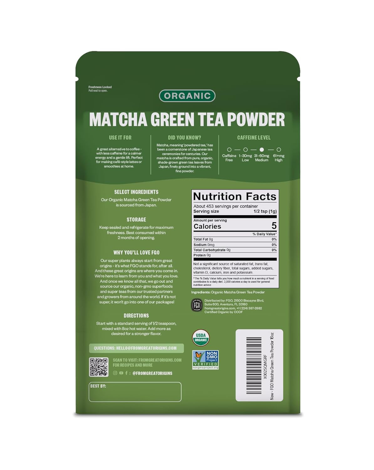 Organic Matcha Green Tea Powder - Organic Matcha for Lattes, Smoothies & Baking - USDA Organic & Non-Gmo - 16Oz Resealable Bag