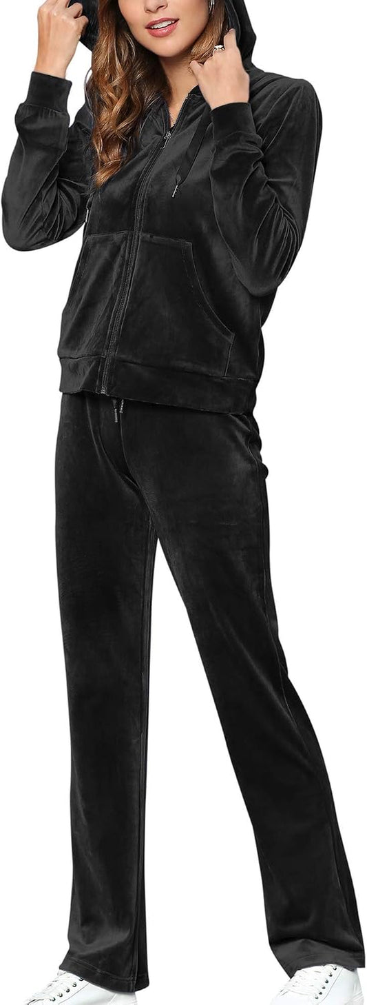 Womens Velour Tracksuits Set Long Sleeve Sweatsuits 2 Piece Sports Outfit Zip Hoodie Sweatpants Joggers Set