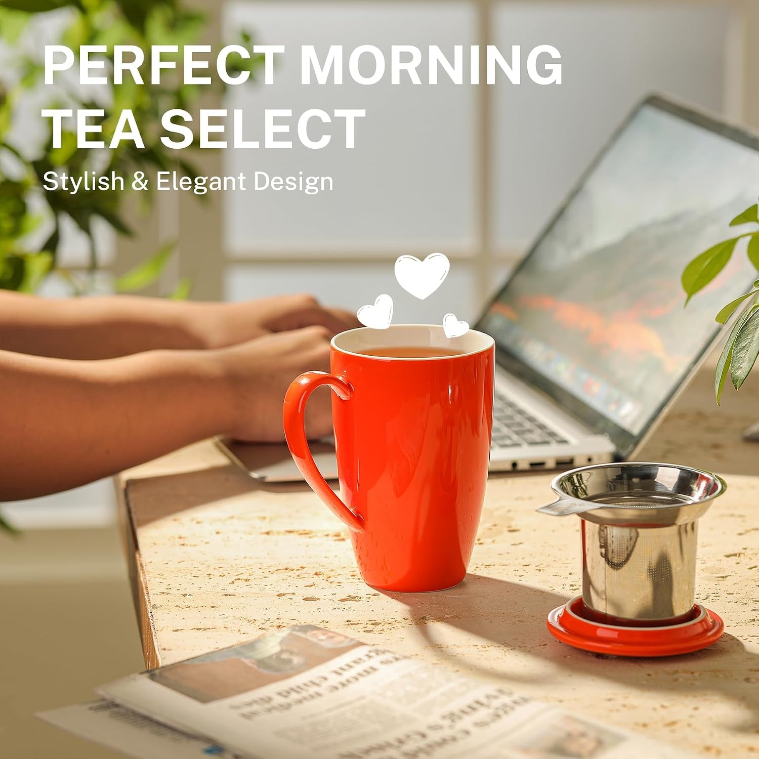 15Oz Porcelain Tea Mug with Infuser and Lid – Microwave Safe, Ergonomic Handle, Lead-Free Glaze, for Loose Leaf Tea