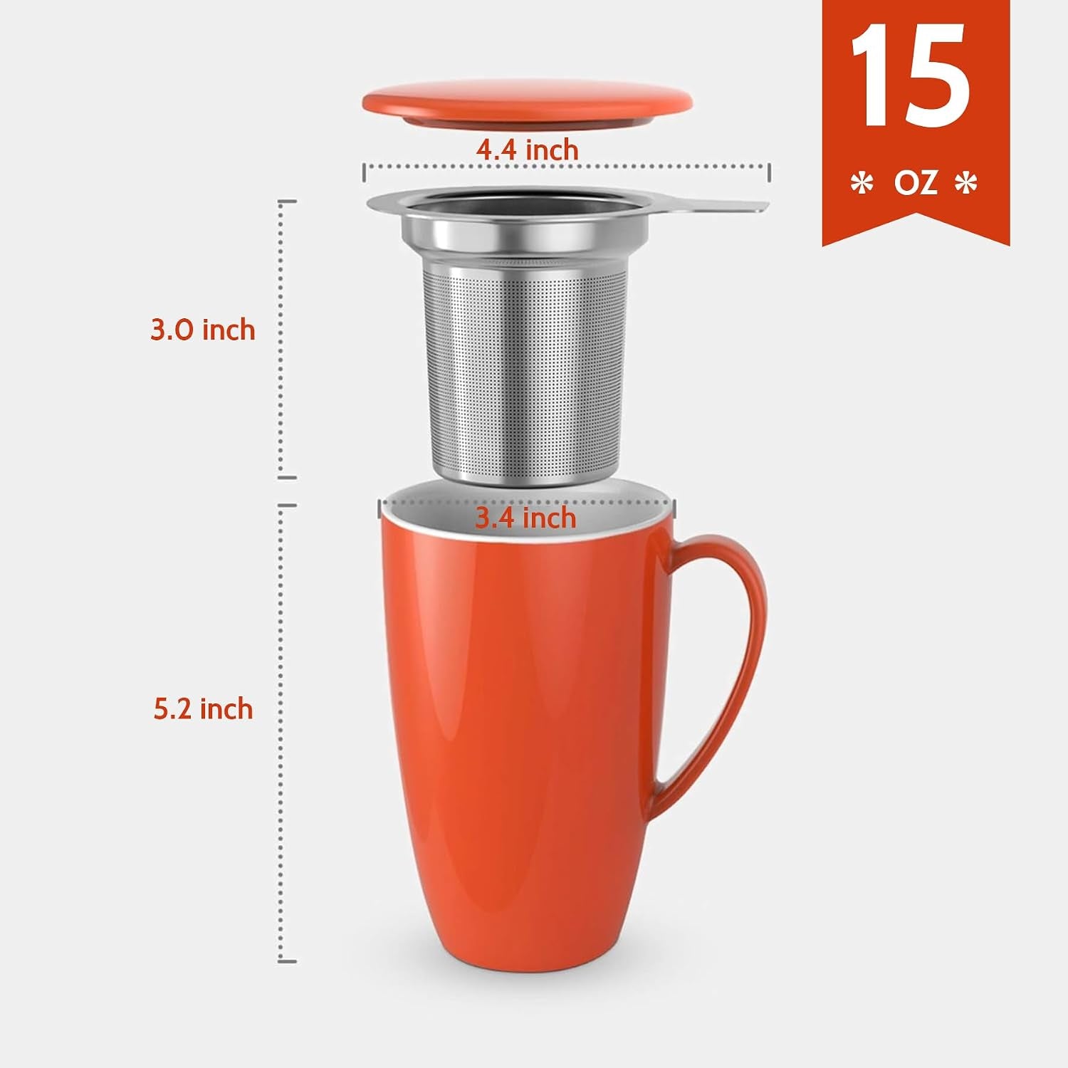 15Oz Porcelain Tea Mug with Infuser and Lid – Microwave Safe, Ergonomic Handle, Lead-Free Glaze, for Loose Leaf Tea