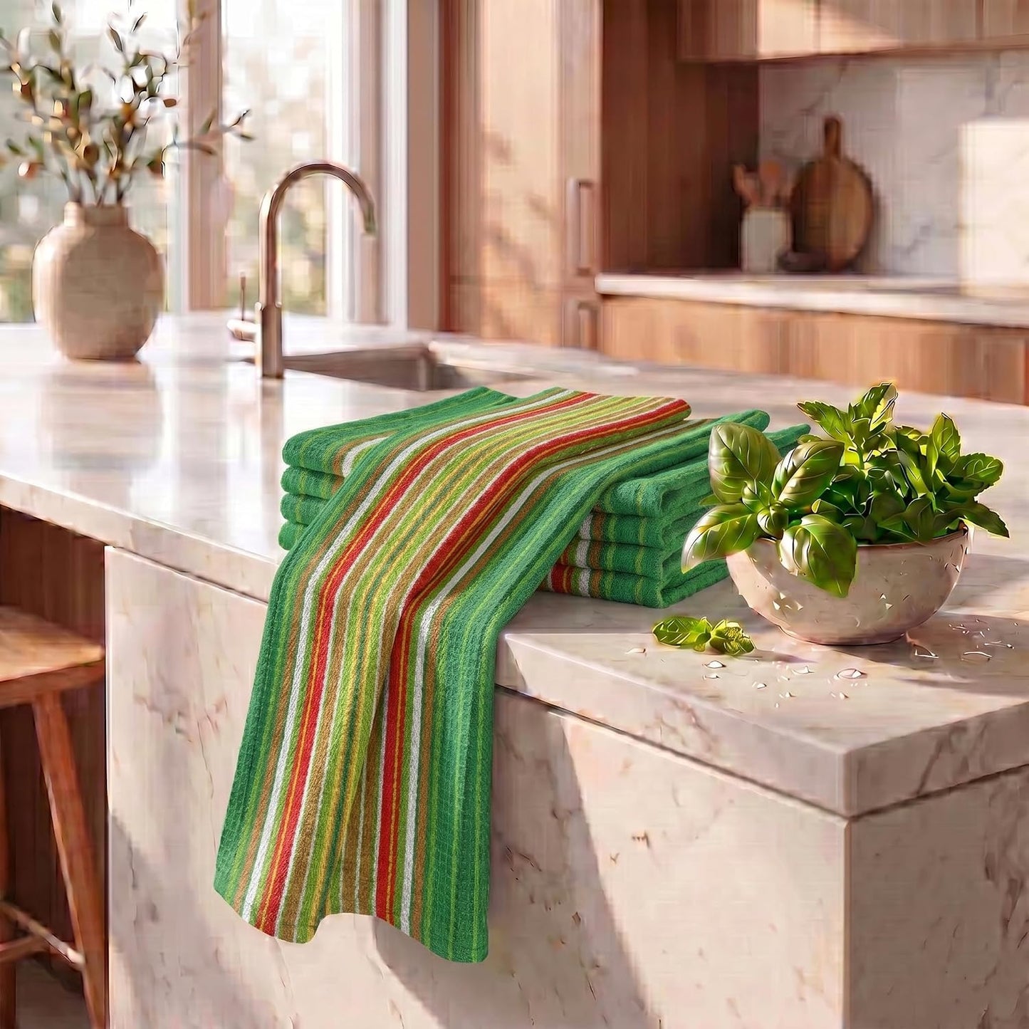 Kitchen Towels Waffle Stripes Dish Towels for Kitchen Leaf Green Set of 6 Kitchen Towels Highly Absorbent Cotton over Sized 20X30 in with Mitered Corners Kitchen Hand Tea Towels