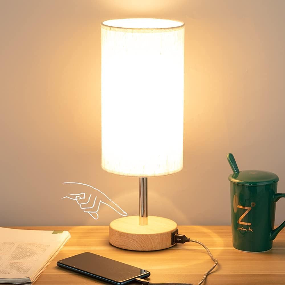 Bedside Table Lamp with USB Ports - Touch Control for Bedroom 3 Way Dimmable Nightstand Lamp with round Fabric Shade for Living Room, Dorm, Home Office, Corded Electric, without Battery