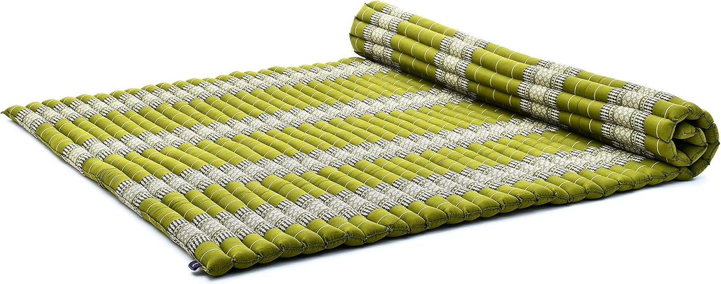 - Foldable Floor Mattress - Japanese Roll up Futon -Trifold Tatami Mat- Guest Floor Bed - Camping Mattress - Thai Massage Mat, Kapok Filled, 75 X 57 Inches, Green
