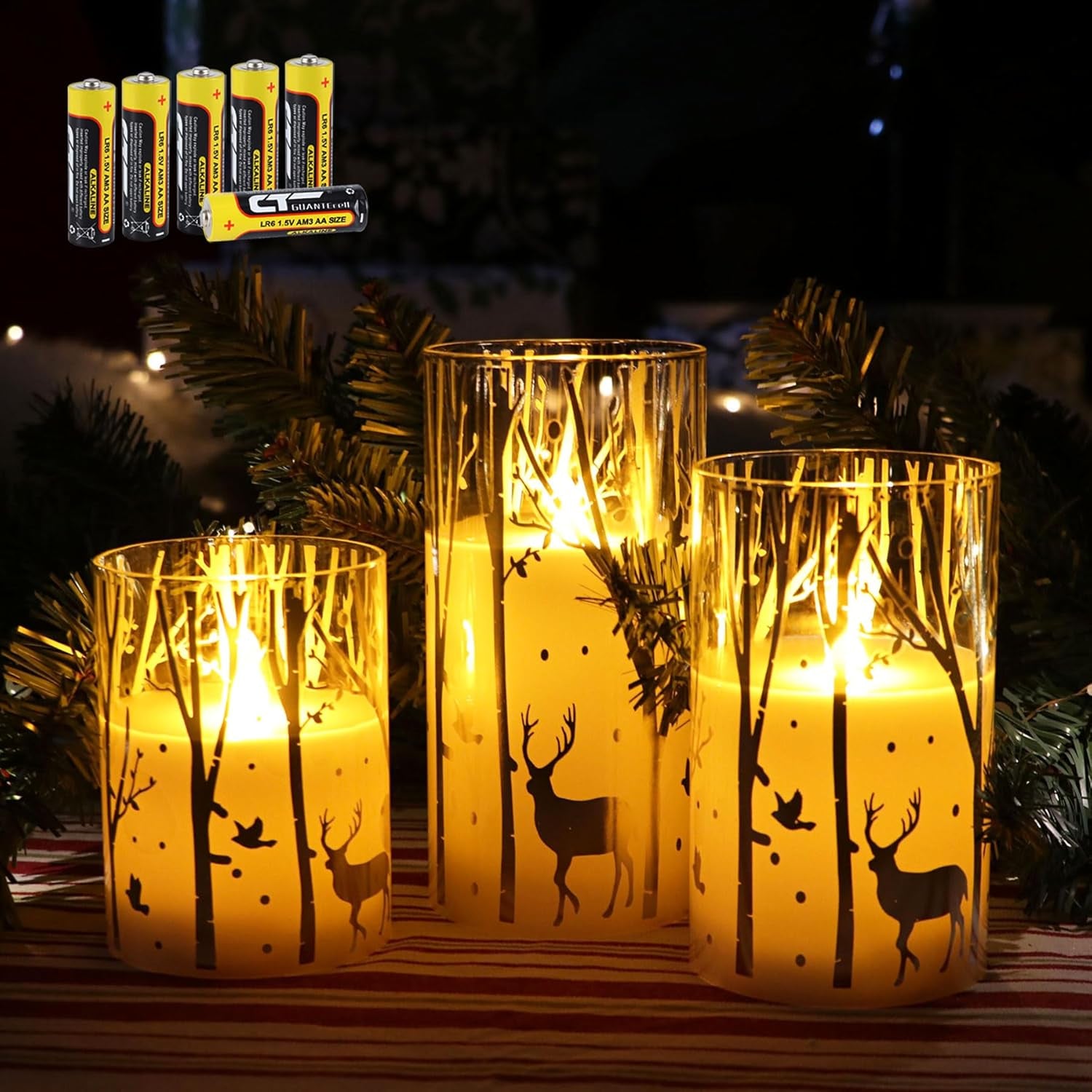 Silver Reindeer Design Glass Battery Operated LED Candles with 6H Timer, Christmas Flameless Candles with Warm White Light, Batteries Included - Set of 3