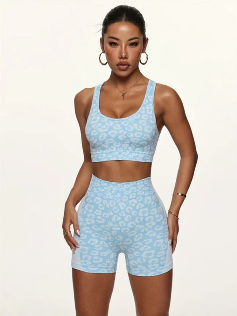Blauw Dames Sportset Fitnesskleding Naadloos Met Hoge Taille Sport Shorts En Sport Bh Luipaard Patroon Yoga Fitness Hardlopen Set Maat L