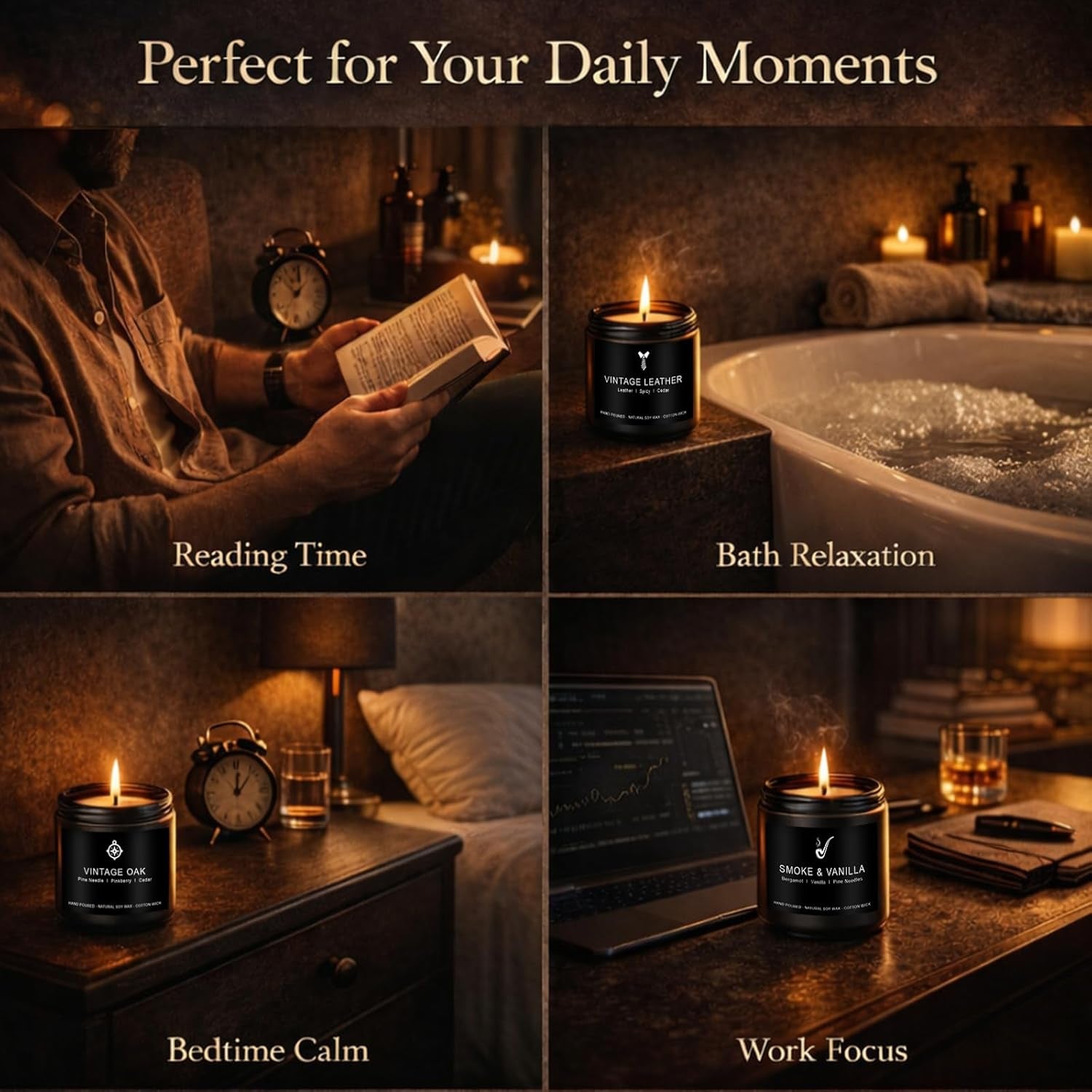 Candles for Men Gift Set, 4 Pack Masculine Scented Soy Candles for Men, Leather, Smoke, Oak & Lavender Scents, Aromatherapy Candle Gift Set for Dad, Husband, Boyfriend, Birthday, Him