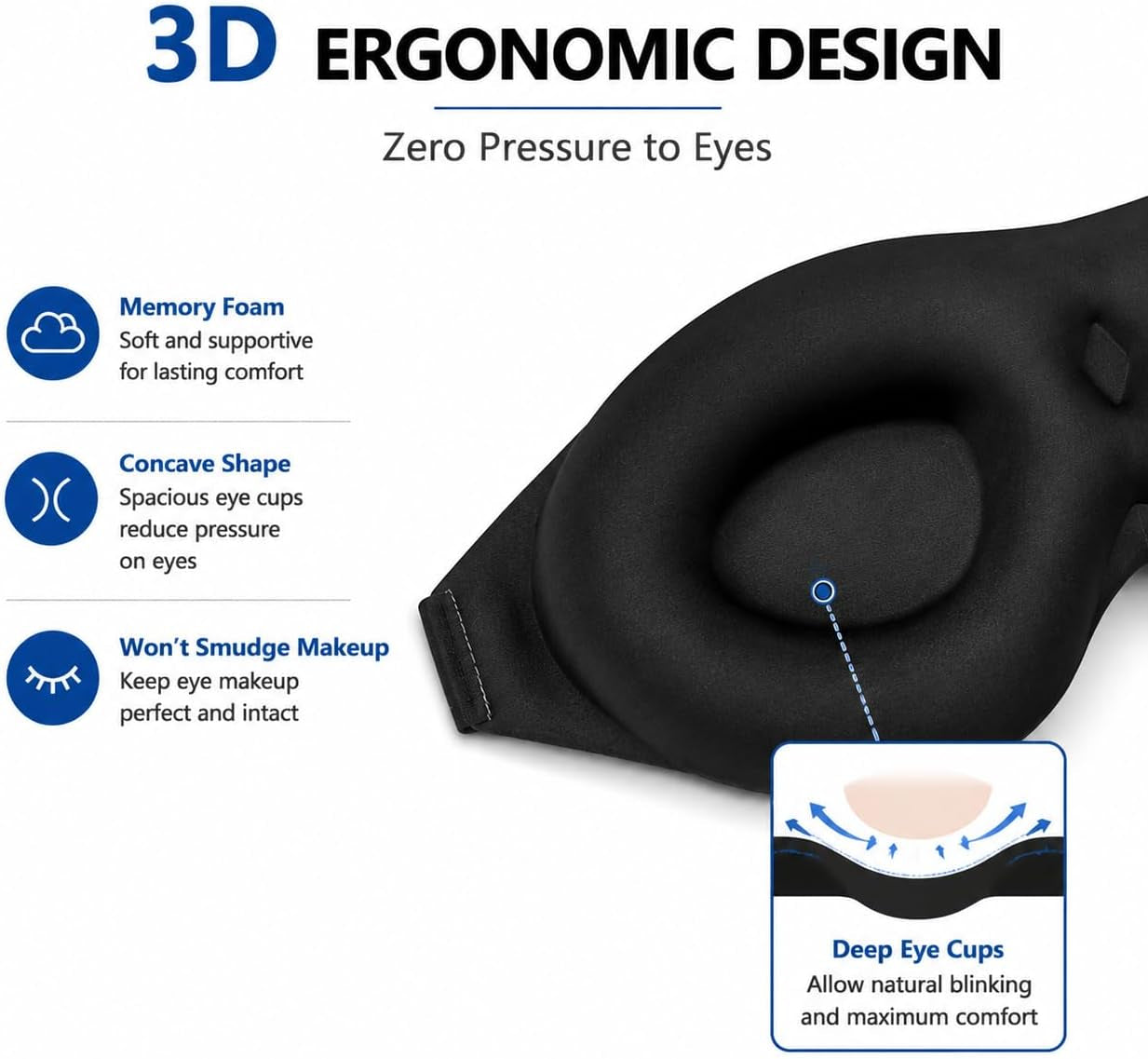 Sleep Mask Memory Foam Contoured Eye Cups for Women and Men, Soft 3D Blackout Eye Mask for Sleeping No Pressure on Eyelids and Eyelashes Protection, Earplugs Set, Black