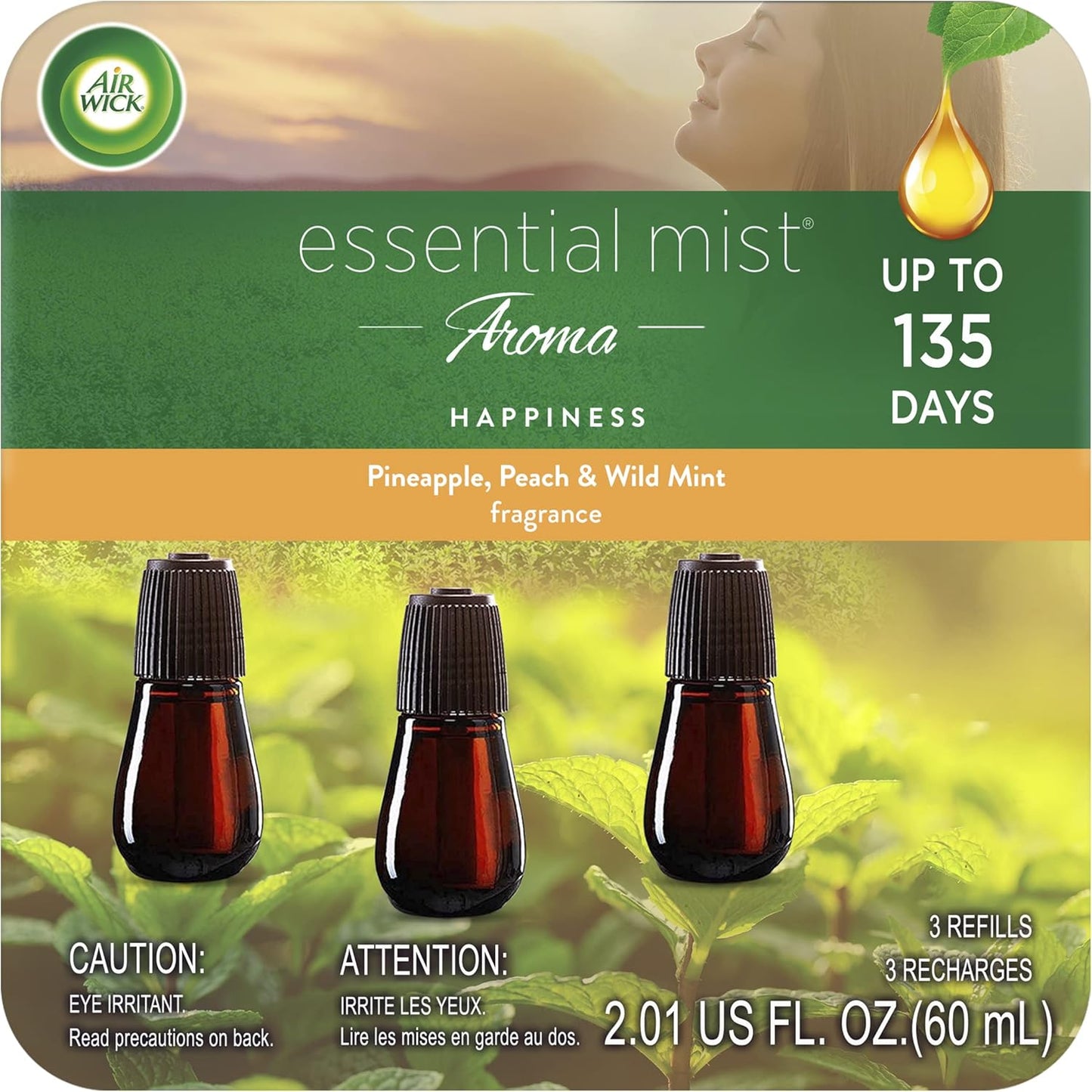 Essential Mist Refill, 3 Ct, Happiness, Essential Oils Diffuser, Air Freshener, Aroma