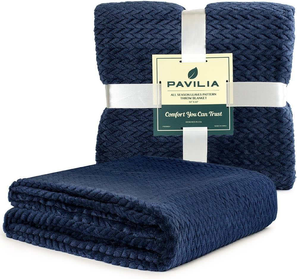 Soft Fleece Navy Blue Throw Blanket for Couch, Lightweight Plush Warm Blankets for Bed, Fuzzy Cozy Flannel Blanket Throw for Sofa, Travel, Jacquard Pattern, Navy Blue, 50X60 Inch
