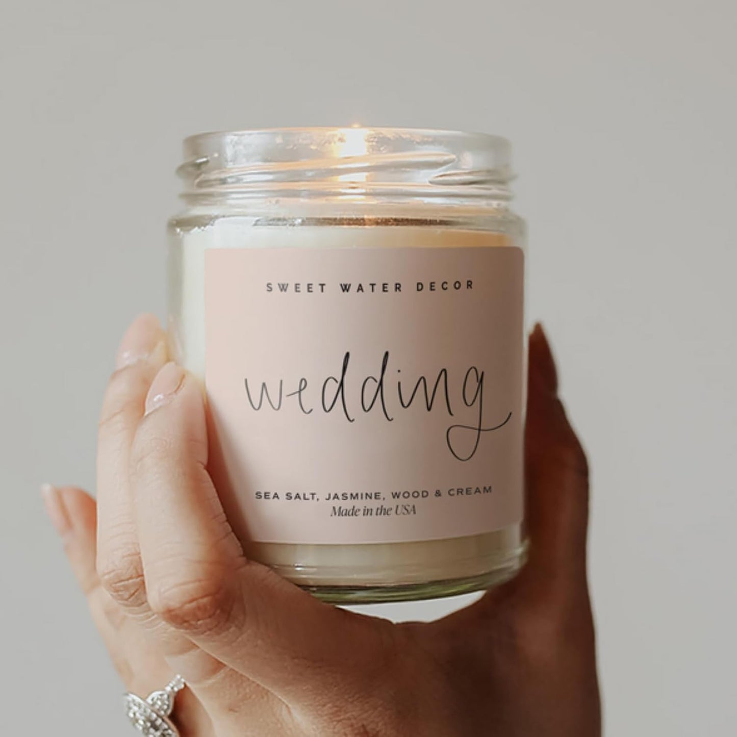 Wedding Candle - Sea Salt, Jasmine, Cream, and Wood Scented Soy Wax Candle for Home - Engagement and Wedding Gifts for Women - 9Oz Clear Jar, 40 Hour Burn Time, Made in the USA
