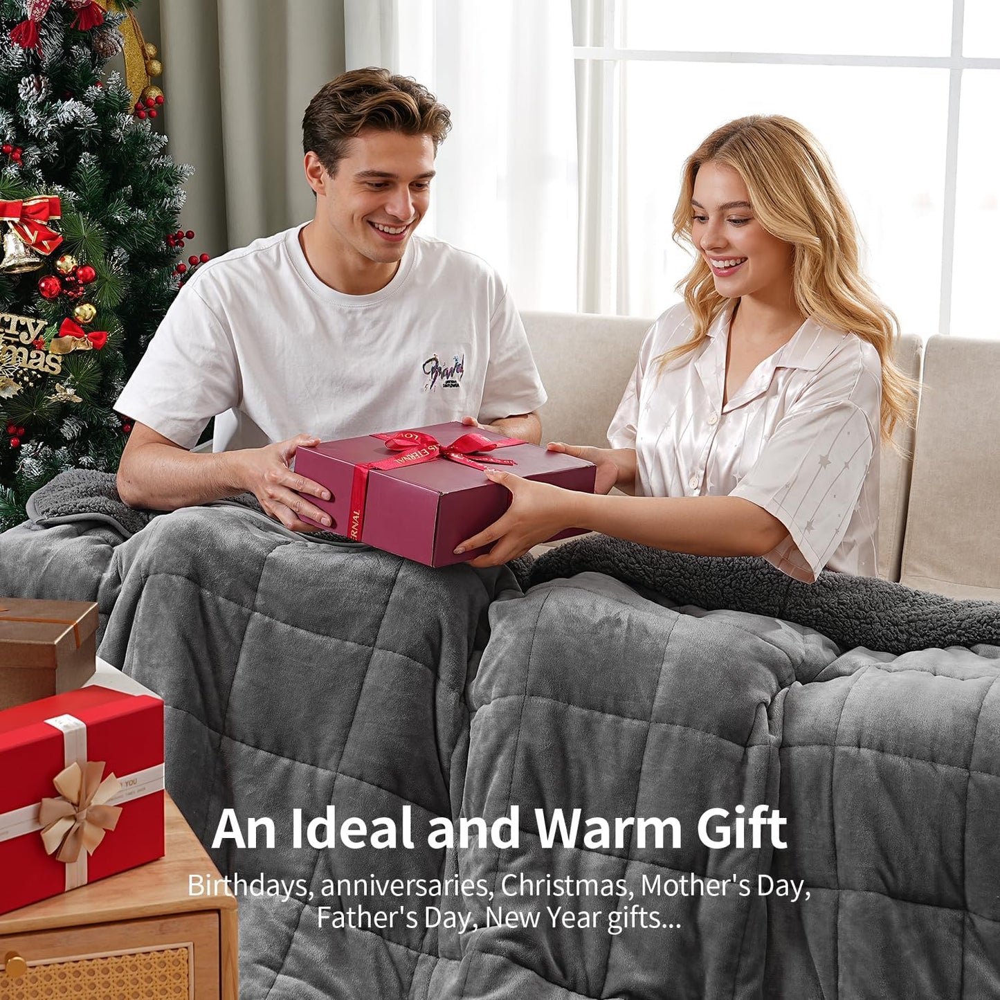 Weighted Blankets for Adults Full Size, 12Lbs 48X72 Inches Blanket with Soft Warm Plush Sherpa Fleece, Washable Thick Heavy Throw for Sleeping and Calming, Grey