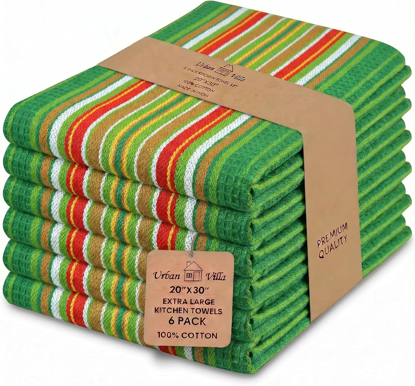 Kitchen Towels Waffle Stripes Dish Towels for Kitchen Leaf Green Set of 6 Kitchen Towels Highly Absorbent Cotton over Sized 20X30 in with Mitered Corners Kitchen Hand Tea Towels