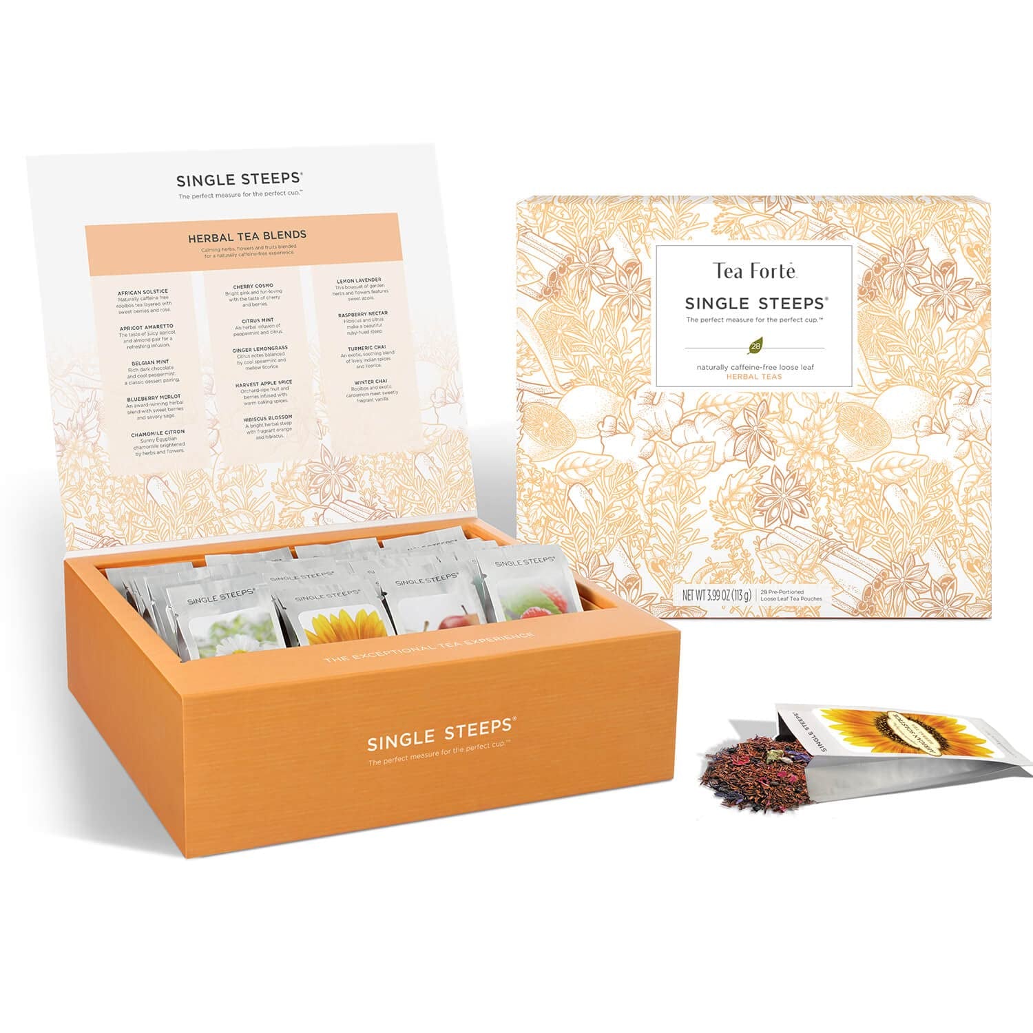 Single Steeps Loose Leaf Tea Sampler Tea Chest, Assorted Variety Tea Box, 28 Single Serve Pouches, Herbal Tea
