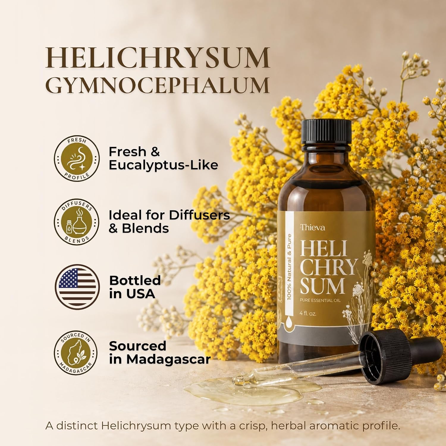 Helichrysum Essential Oil 4 Oz (118 Ml) – 100% Pure and Natural Non-Gmo Helichrysum (Gymnocephalum) Oil for Aromatherapy, Focus, and Relaxation