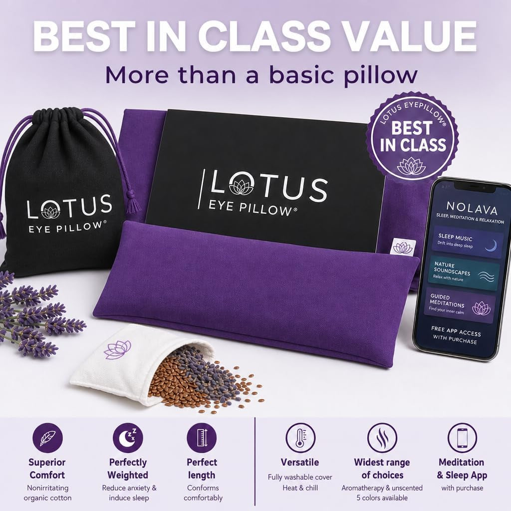 Weighted Lavender Eye Pillow for Women, NOLAVA Includes Free App Meditations, Migraine & Headache Relief, Microwave Hot or Cold Compress, Organic Cotton, French Lavender +Flax Seed, Yoga & Savasana
