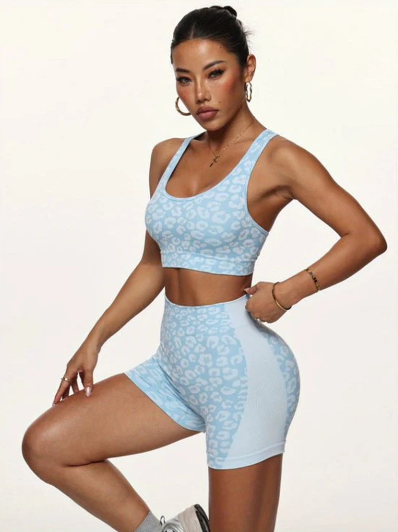 Blauw Dames Sportset Fitnesskleding Naadloos Met Hoge Taille Sport Shorts En Sport Bh Luipaard Patroon Yoga Fitness Hardlopen Set Maat L