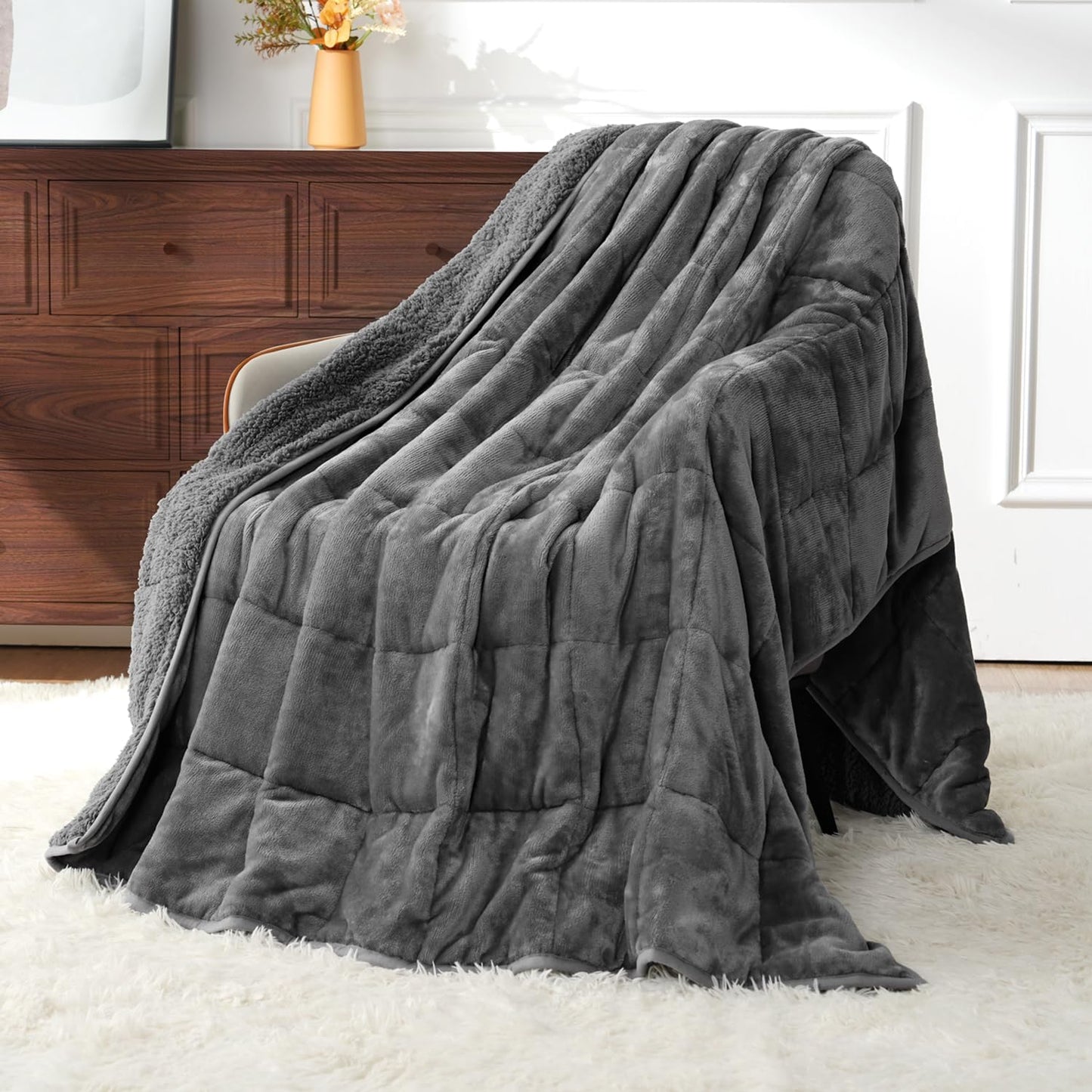 Weighted Blankets for Adults Full Size, 12Lbs 48X72 Inches Blanket with Soft Warm Plush Sherpa Fleece, Washable Thick Heavy Throw for Sleeping and Calming, Grey