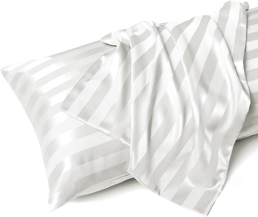 Satin Body Pillow Cover, Soft and Breathable Body Pillow Case with Envelope Closure, Cooling and Silky Long Pillowcase for Hair and Skin,Grey (20X54, Ivory Striped)
