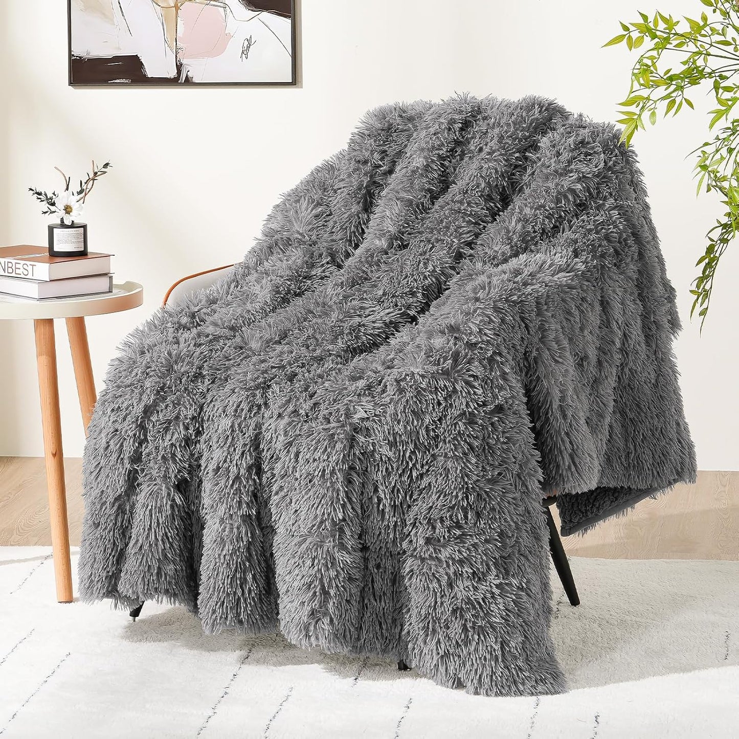 Faux Fur Weighted Blanket 15Lbs, Soft Fuzzy Luxurious Fluffy Heavy Blanket, Plush Sherpa Dual Side Cozy Warm Throw Blanket for Bed Couch Sleeping, Grey, 48X72 Inches