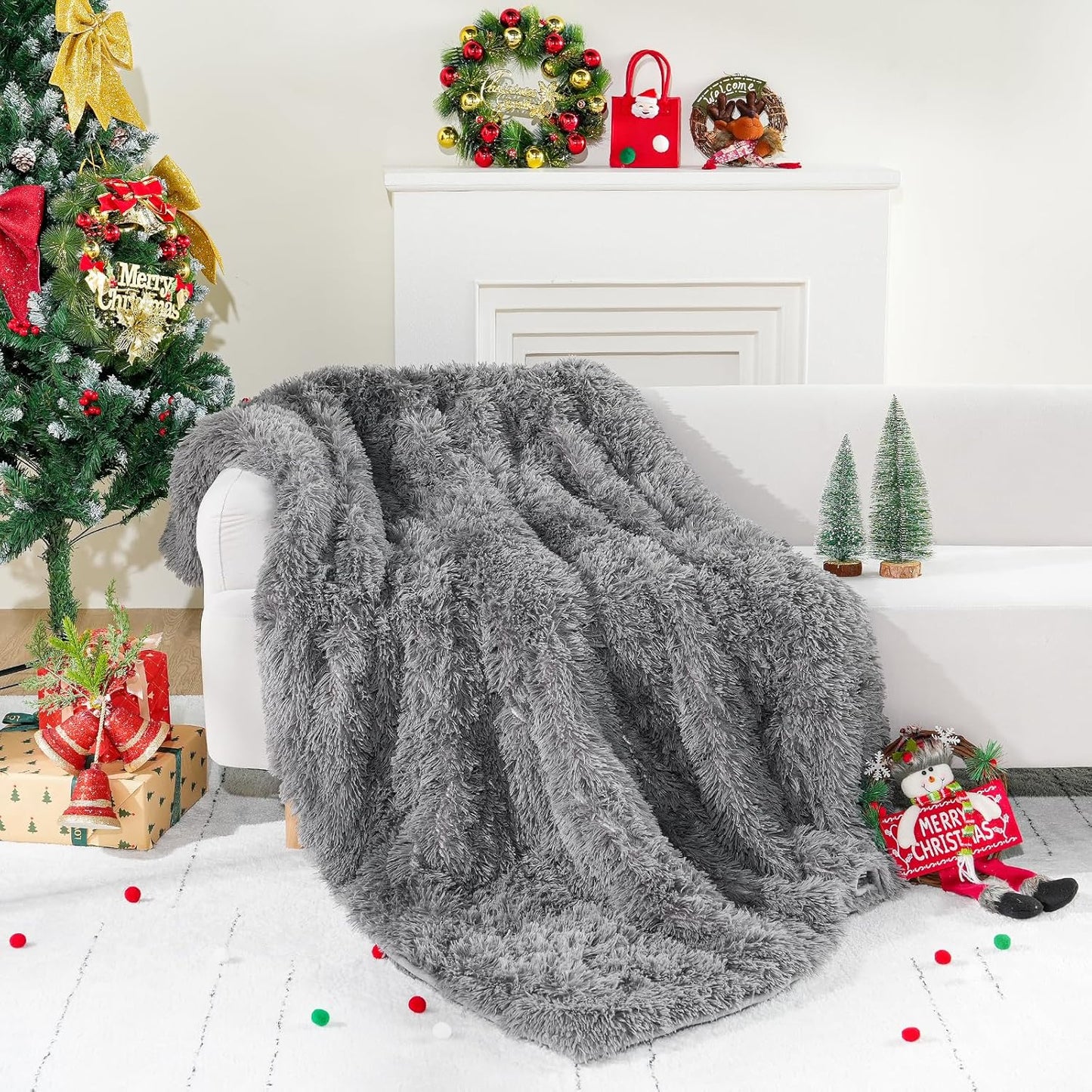 Faux Fur Weighted Blanket 15Lbs, Soft Fuzzy Luxurious Fluffy Heavy Blanket, Plush Sherpa Dual Side Cozy Warm Throw Blanket for Bed Couch Sleeping, Grey, 48X72 Inches