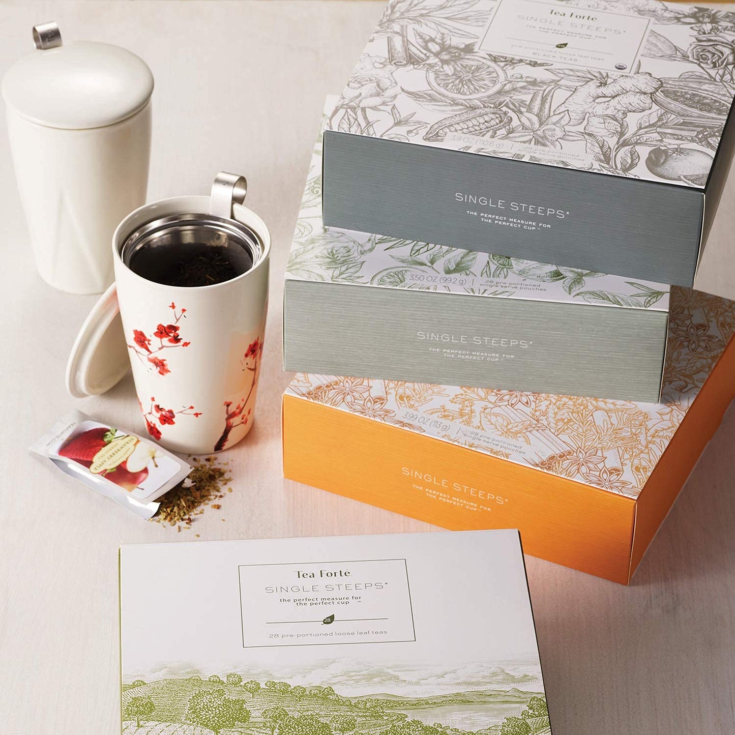 Single Steeps Loose Leaf Tea Sampler Tea Chest, Assorted Variety Tea Box, 28 Single Serve Pouches, Herbal Tea
