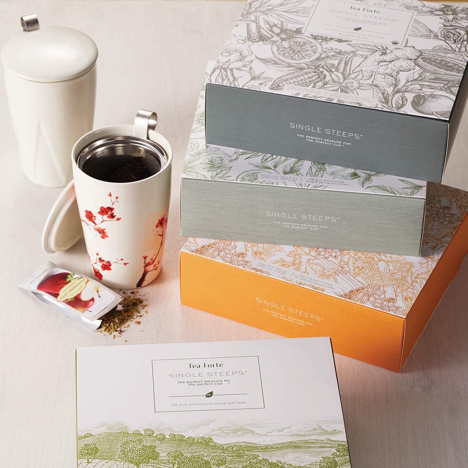 Single Steeps Loose Leaf Tea Sampler Tea Chest, Assorted Variety Tea Box, 28 Single Serve Pouches, Herbal Tea