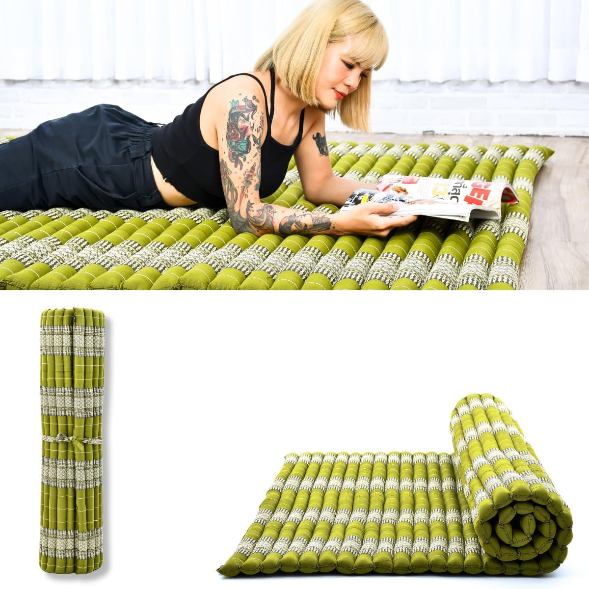 - Foldable Floor Mattress - Japanese Roll up Futon -Trifold Tatami Mat- Guest Floor Bed - Camping Mattress - Thai Massage Mat, Kapok Filled, 75 X 57 Inches, Green
