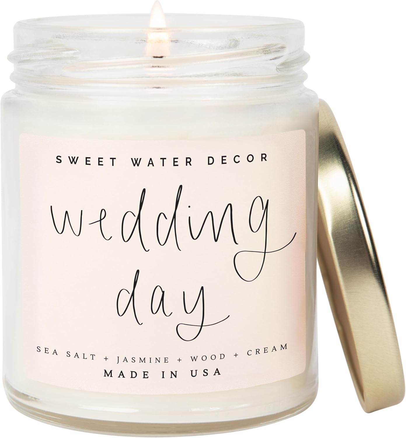 Wedding Candle - Sea Salt, Jasmine, Cream, and Wood Scented Soy Wax Candle for Home - Engagement and Wedding Gifts for Women - 9Oz Clear Jar, 40 Hour Burn Time, Made in the USA