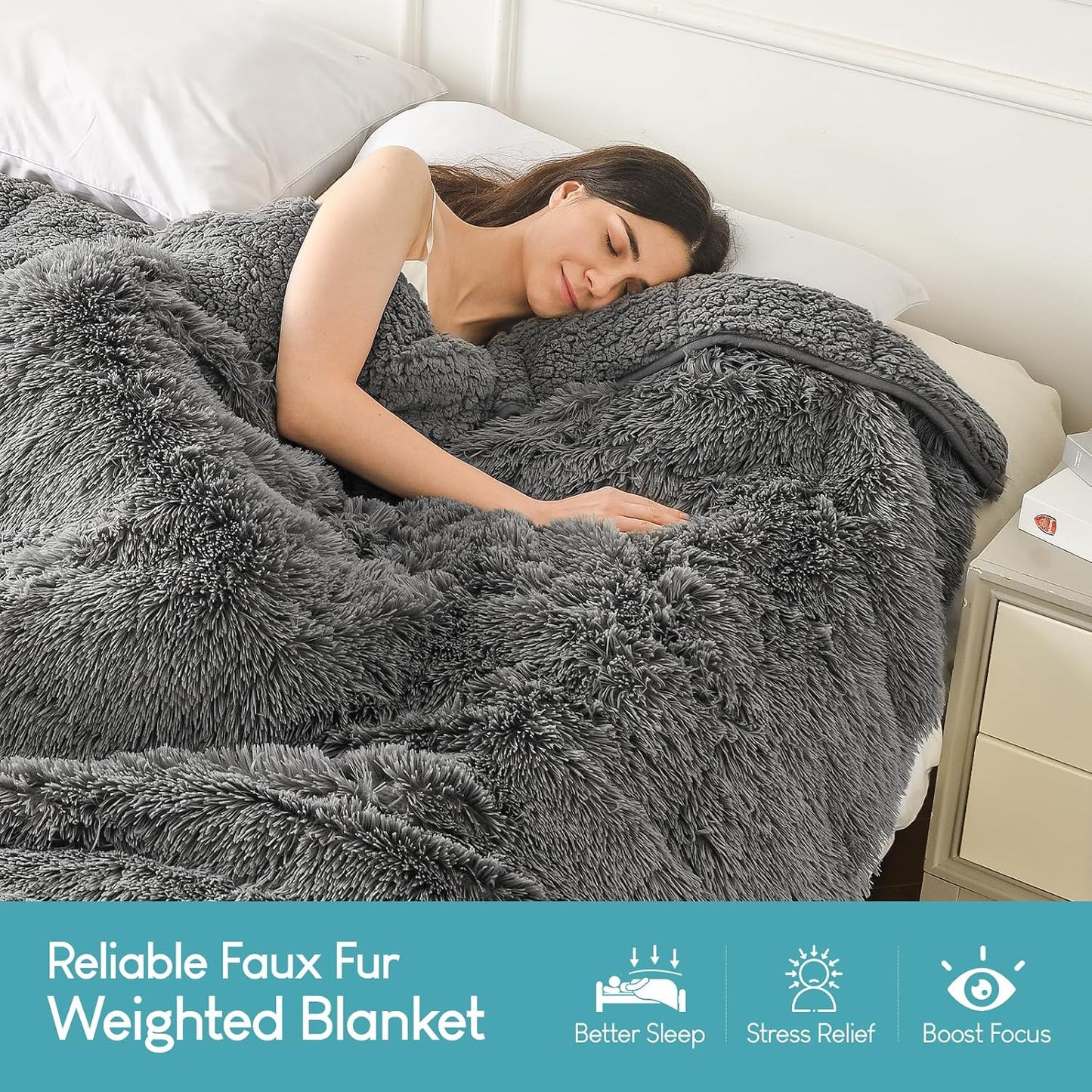 Faux Fur Weighted Blanket 15Lbs, Soft Fuzzy Luxurious Fluffy Heavy Blanket, Plush Sherpa Dual Side Cozy Warm Throw Blanket for Bed Couch Sleeping, Grey, 48X72 Inches