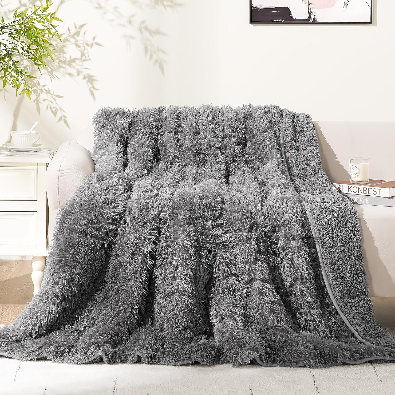 Faux Fur Weighted Blanket 15Lbs, Soft Fuzzy Luxurious Fluffy Heavy Blanket, Plush Sherpa Dual Side Cozy Warm Throw Blanket for Bed Couch Sleeping, Grey, 48X72 Inches