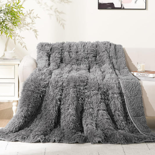 Faux Fur Weighted Blanket 15Lbs, Soft Fuzzy Luxurious Fluffy Heavy Blanket, Plush Sherpa Dual Side Cozy Warm Throw Blanket for Bed Couch Sleeping, Grey, 48X72 Inches
