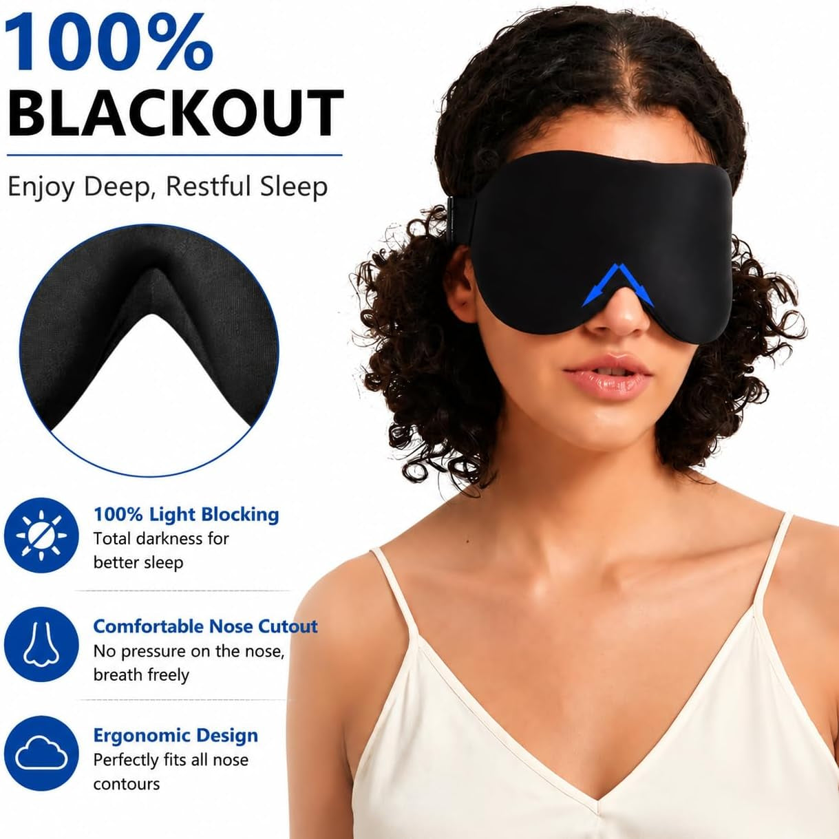 Sleep Mask Memory Foam Contoured Eye Cups for Women and Men, Soft 3D Blackout Eye Mask for Sleeping No Pressure on Eyelids and Eyelashes Protection, Earplugs Set, Black