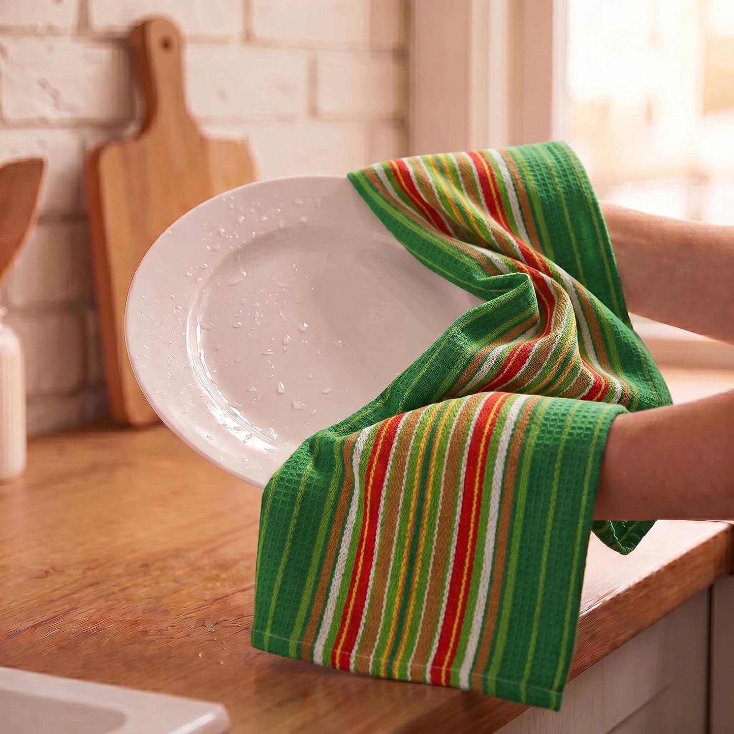 Kitchen Towels Waffle Stripes Dish Towels for Kitchen Leaf Green Set of 6 Kitchen Towels Highly Absorbent Cotton over Sized 20X30 in with Mitered Corners Kitchen Hand Tea Towels