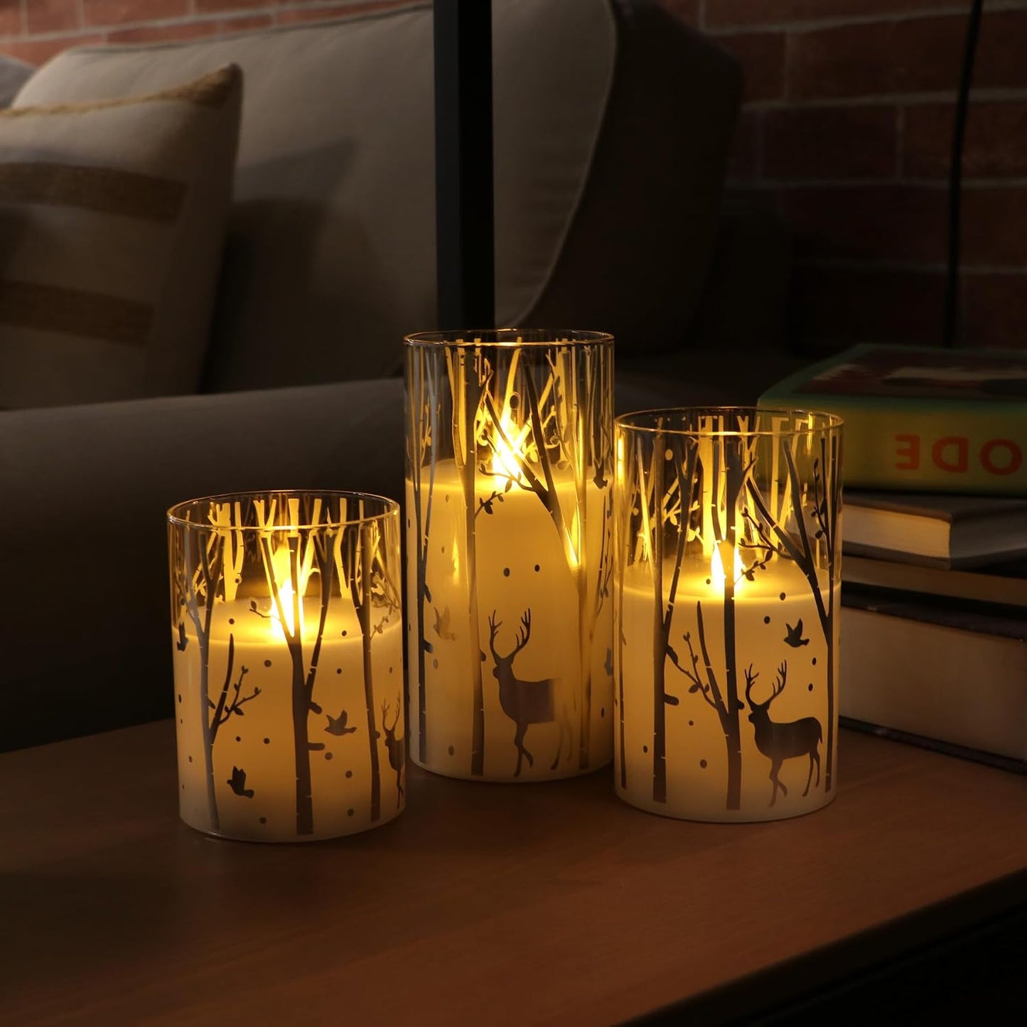Silver Reindeer Design Glass Battery Operated LED Candles with 6H Timer, Christmas Flameless Candles with Warm White Light, Batteries Included - Set of 3