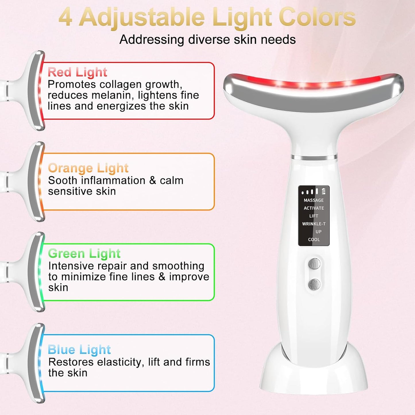 Neck Face Massager, 4 Color LED Facial Massager with Micro-Current Vibration Facial Cold and Hot Service for Wrinkles, Double Chin, Multifunctional Facial Light Therapy Device for Skin Care at Home