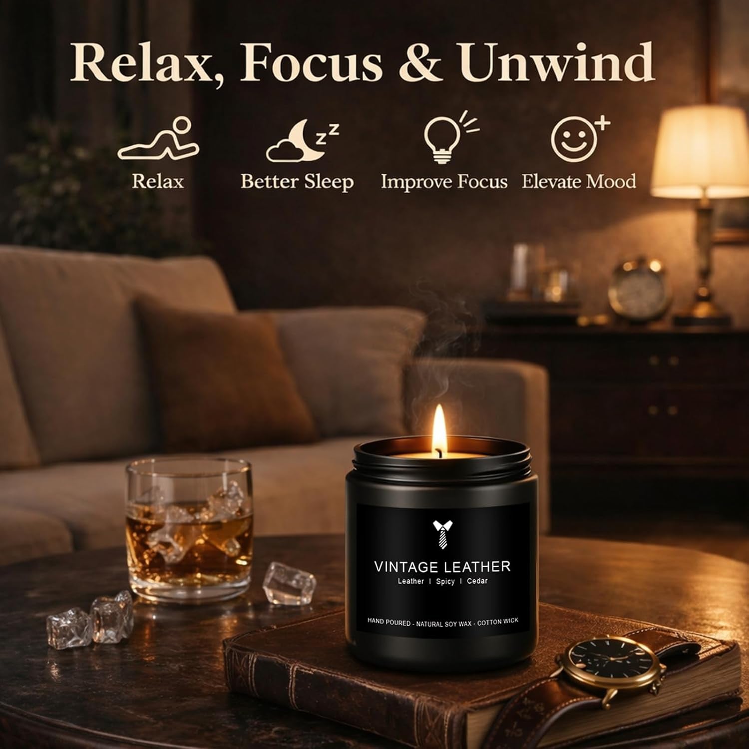 Candles for Men Gift Set, 4 Pack Masculine Scented Soy Candles for Men, Leather, Smoke, Oak & Lavender Scents, Aromatherapy Candle Gift Set for Dad, Husband, Boyfriend, Birthday, Him