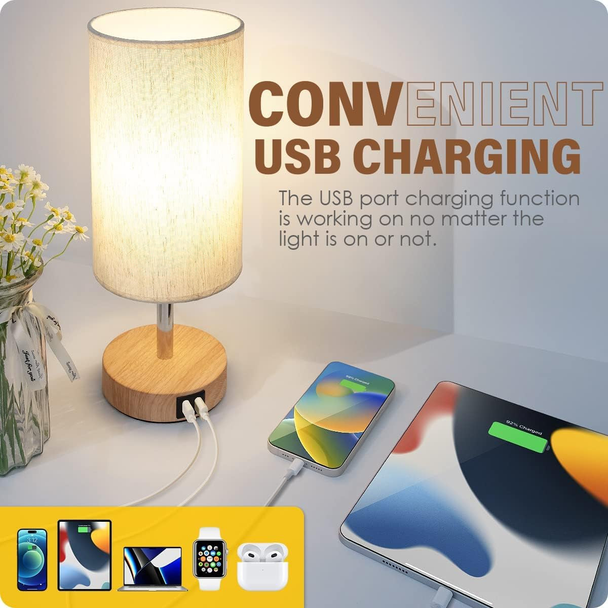 Bedside Table Lamp with USB Ports - Touch Control for Bedroom 3 Way Dimmable Nightstand Lamp with round Fabric Shade for Living Room, Dorm, Home Office, Corded Electric, without Battery