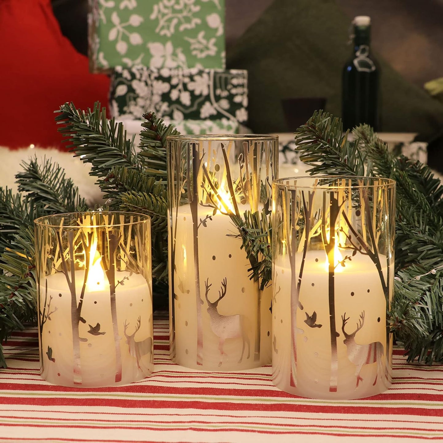 Silver Reindeer Design Glass Battery Operated LED Candles with 6H Timer, Christmas Flameless Candles with Warm White Light, Batteries Included - Set of 3
