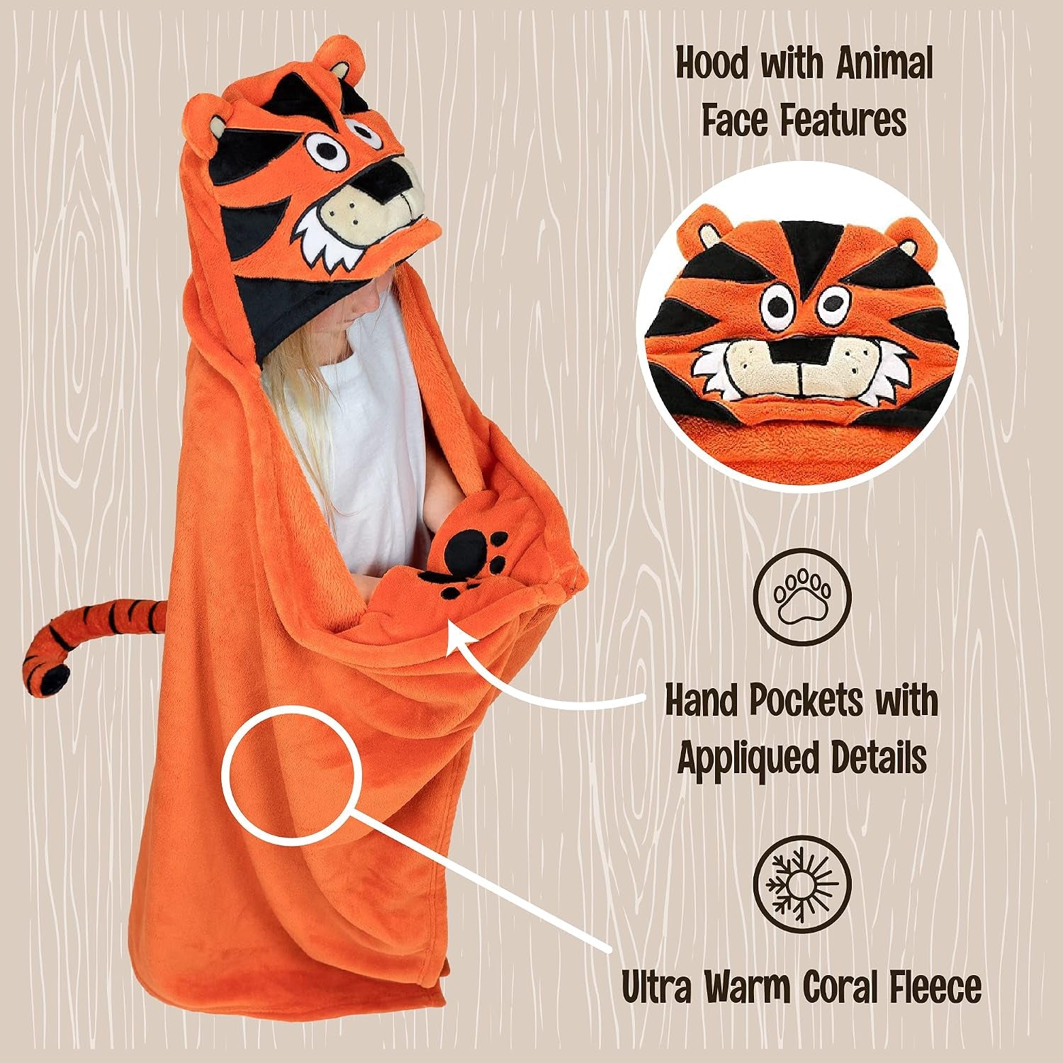 Wearable Hooded Blanket for Kids, Animal Hooded Blanket (Tiger)