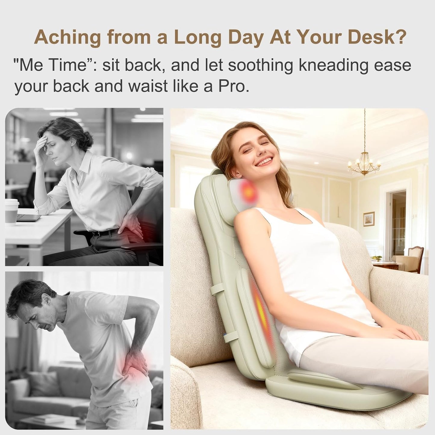 Shiatsu Neck and Back Massage Cushion with Heat - 4D Deep Tissue Kneading Full-Back Massager for Relief Tension, Adjustable Intensity & Height, for Office Chair & Home