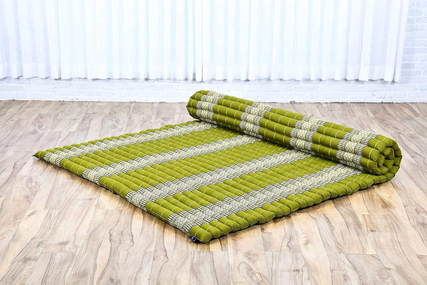 - Foldable Floor Mattress - Japanese Roll up Futon -Trifold Tatami Mat- Guest Floor Bed - Camping Mattress - Thai Massage Mat, Kapok Filled, 75 X 57 Inches, Green