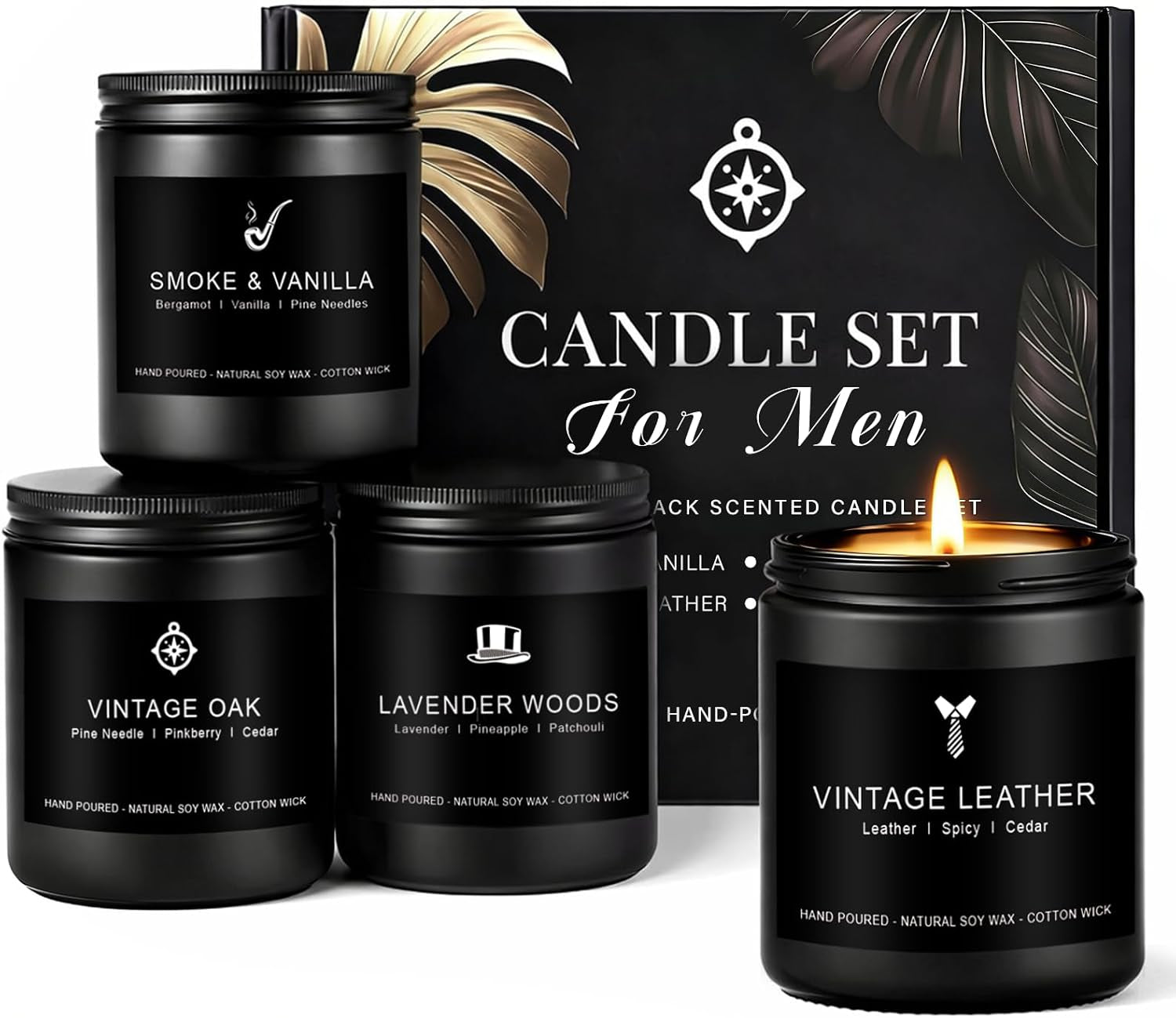 Candles for Men Gift Set, 4 Pack Masculine Scented Soy Candles for Men, Leather, Smoke, Oak & Lavender Scents, Aromatherapy Candle Gift Set for Dad, Husband, Boyfriend, Birthday, Him