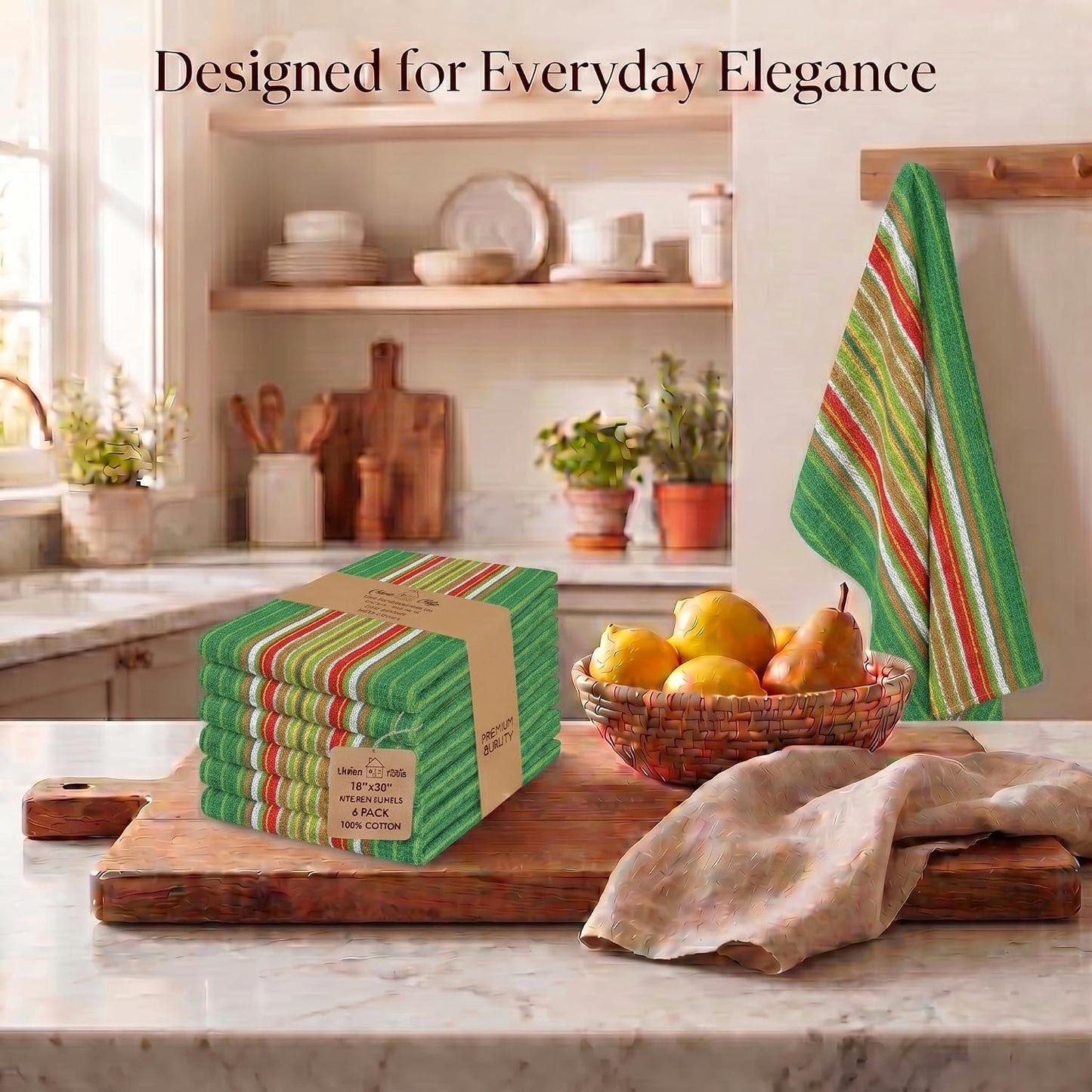 Kitchen Towels Waffle Stripes Dish Towels for Kitchen Leaf Green Set of 6 Kitchen Towels Highly Absorbent Cotton over Sized 20X30 in with Mitered Corners Kitchen Hand Tea Towels