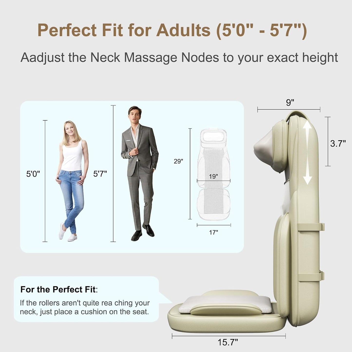 Shiatsu Neck and Back Massage Cushion with Heat - 4D Deep Tissue Kneading Full-Back Massager for Relief Tension, Adjustable Intensity & Height, for Office Chair & Home