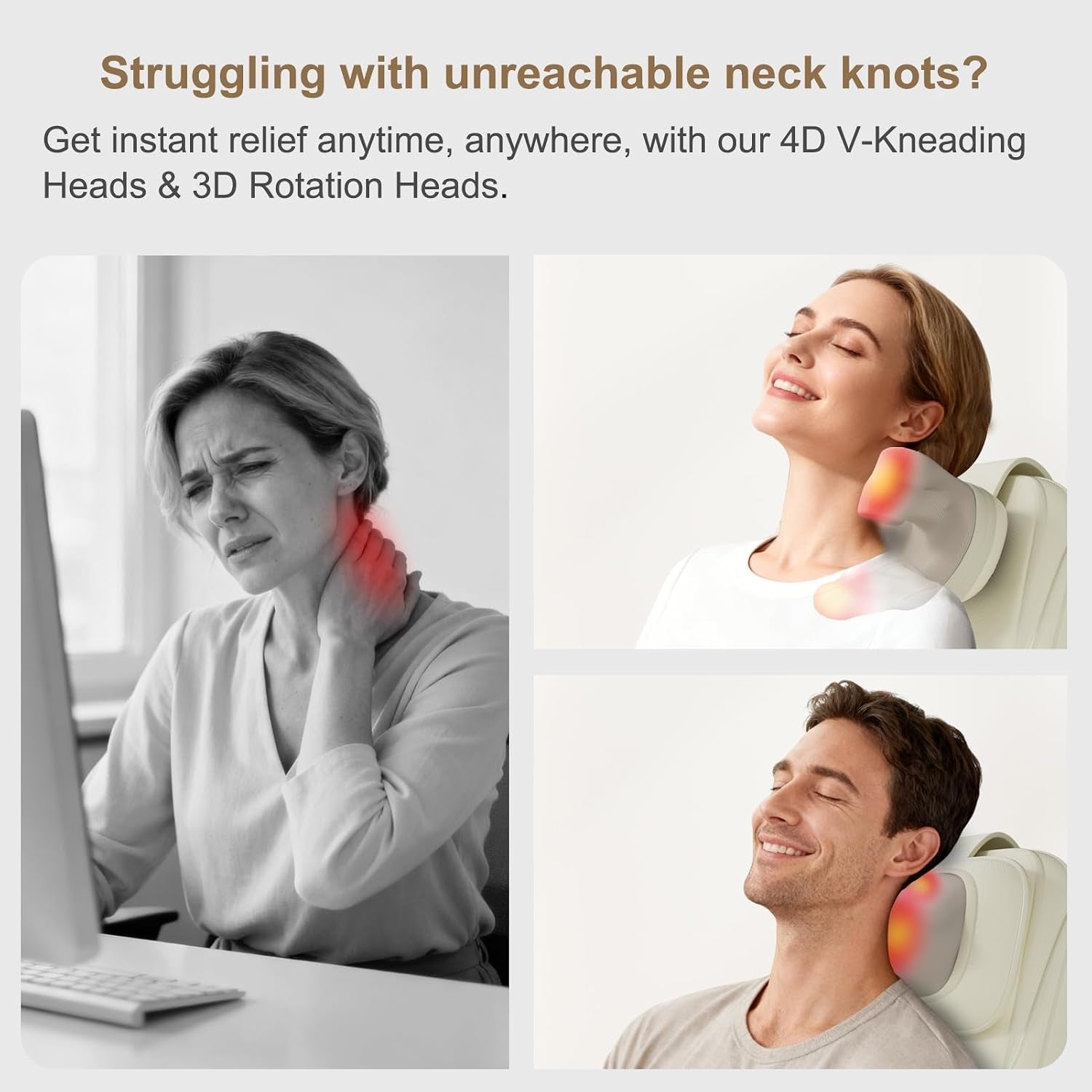 Shiatsu Neck and Back Massage Cushion with Heat - 4D Deep Tissue Kneading Full-Back Massager for Relief Tension, Adjustable Intensity & Height, for Office Chair & Home